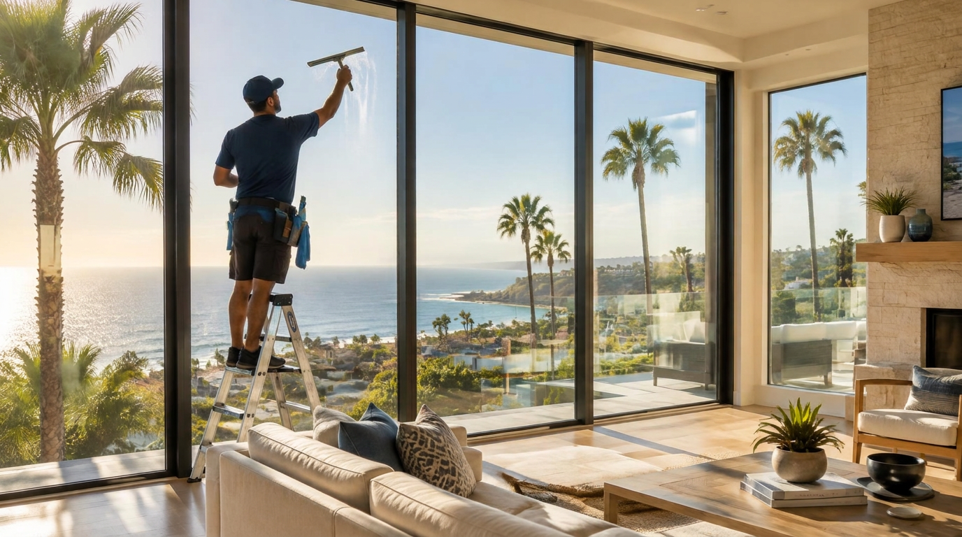 Palmy's technician cleaning interior windows in a San Diego home